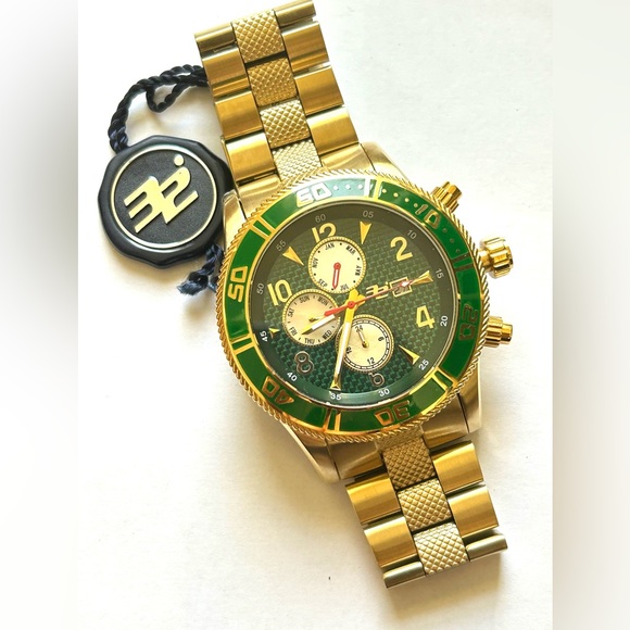 32 Degrees Gold, Green Carbon Fiber & MOP Mens Chronograph Watch NIB GIFT! - Picture 3 of 9